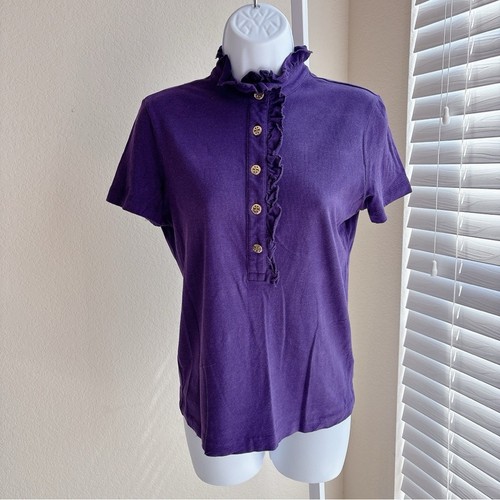 Tory Burch Women's Purple Emily Ruffle Polo Shirt Top Size Small Preppy Vibes - Picture 3 of 10