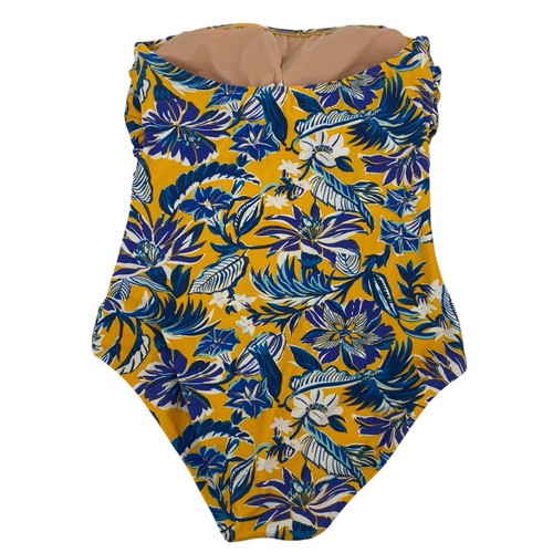 J CREW Size L Yellow Blue Tropical Floral Ruched Strapless One Piece Swimsuit - Picture 3 of 11