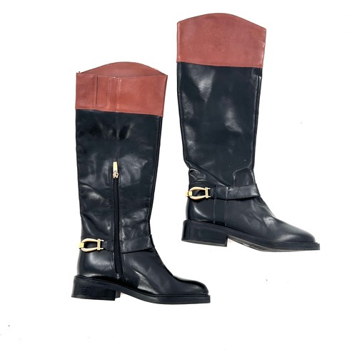 Vince Camuto Amanyir Riding Boots 5 NWOT Black Tan Tall Knee High Leather Prep - Picture 6 of 9