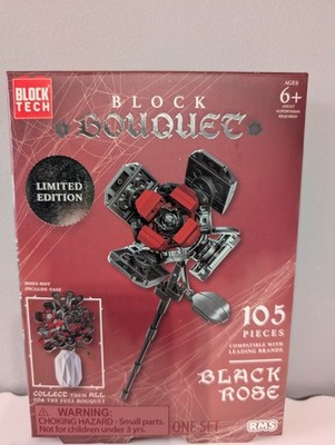 Block Tech Block Bouquet Black (& Red) Rose Flower Building Set 105 Pieces MIP!