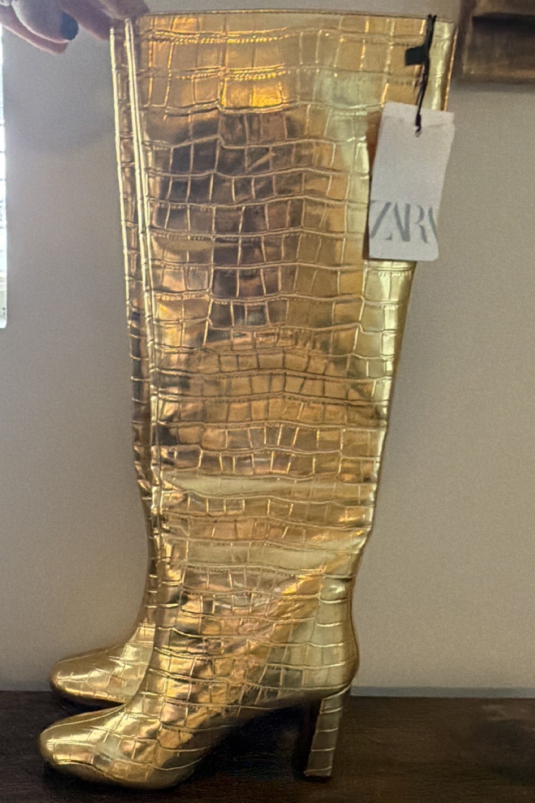 Zara Gold Crocodile Print Knee High Block Heel Round Toe Synthetic Boots