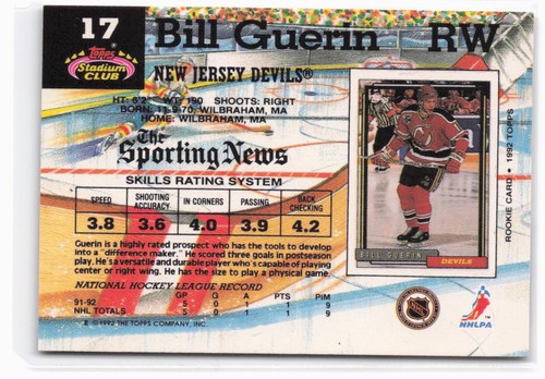 Stadium Club Bill Guerin RC #17 1992-93 New Jersey Devils - Imagen 2 de 2