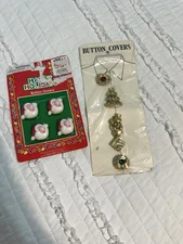 Vintage NOS Christmas Button Covers Santa Gold Tone Dressy Snowman Present Set