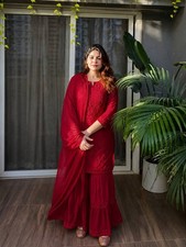 Women s Latest Rayon Kurti Sharara Suit Heavy Embroidery Thread Work Party Wear