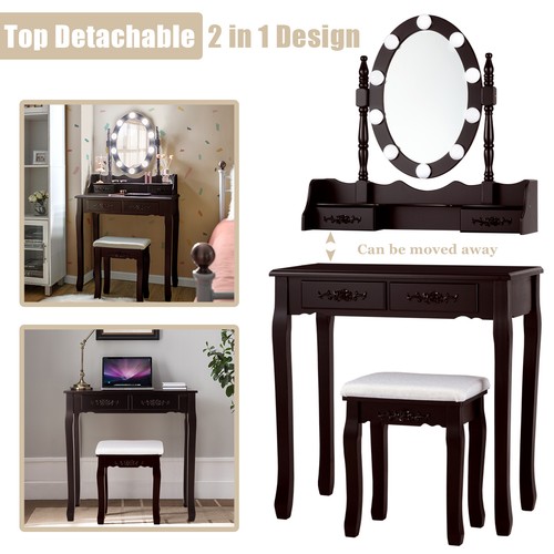 4 Drawers Vanity Table Dressing Table W/10 Dimmable Bulbs  &Touch Switch Brown - Picture 7 of 12