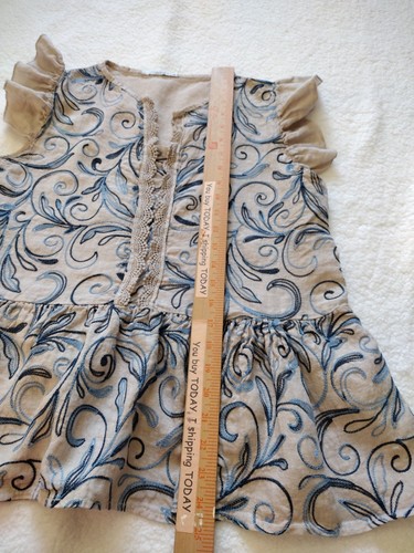 Viola Borghi Top Womens XL Tan Blue 100% Linen Embroidered Boho Peasant Ruffle - Picture 4 of 7