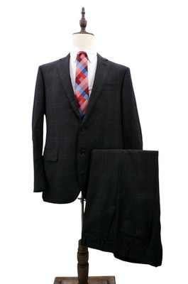 Trussini Linea Nuova Italy Gray Blue Plaid 2 Piece Wool Suit 44R 34x31 Pants