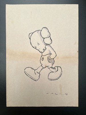 KAWS (Handmade) Zeichnung auf altem Papier signiert Mischtechnik, Vintage Kunst