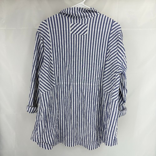 Habitat Women XL Button Up Shirt Roll Tab Sleeve Nautical Blue Striped Blouse - Picture 3 of 9
