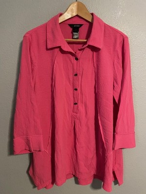 Ali Miles Tunic Top Womens Large Pink Crinkle Collared 3/4 Sleeve Relaxed Boho