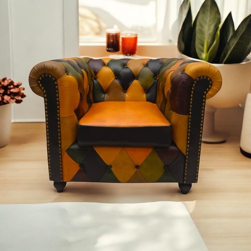 Vintage Patchwork Leather Chesterfield Arm Chair Accent Armchair Living Room - Picture 5 of 13