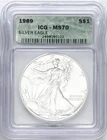 1989 SILVER EAGLE ICG MS70 GREEN LABEL SMALL SPOTS AND LIGHT TONING
