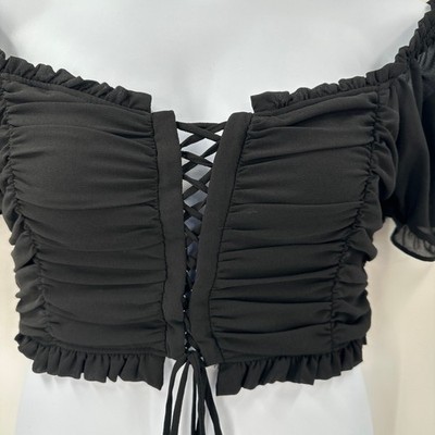 Romantic Black Lace-Up Corset Top Large Puff Sleeve Cottagecore Fairy Gothic