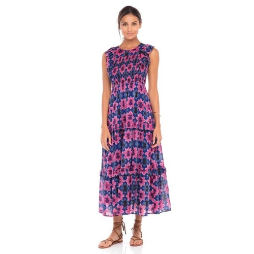 Banjanan Iris Kleid blau rosa Blumen Shibori Midikleid Stufen Rüschen Gr. Medium - Bild 2 von 14