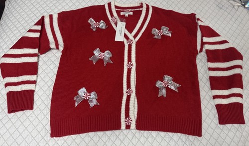 Mädchen Peppermint Time Bonbonrot Strickjacke Pullover weiß Schleife Knöpfe Größe XL/16 Neu mit Etikett - Bild 2 von 5