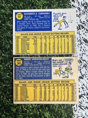 2 For 1 1970 Topps Baseball Bert Campaneris/Bob Bailey #205/293 EX Low Shipping - Picture 2 of 2