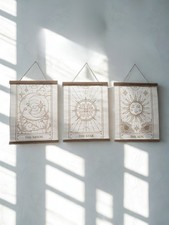 3 St&uuml;ck Tarotkarte Leinwand Wandbild Set Sonne Mond Sterne Himmlisch Boho A3 Drucke