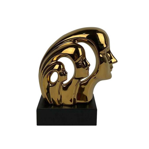 Ceramic Sculpture 20cm Gold 3 Abstract Faces on Black Stand Elegant Home Decor - Photo 1/8