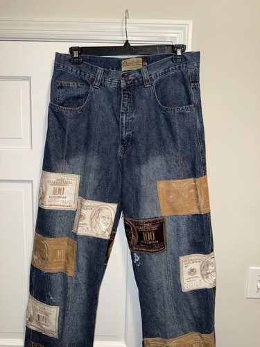 Vintage Y2K $100 Bill Patch All Over Dtek Jeans Wide Leg Size 36 Hip Hop READ - Picture 2 of 18