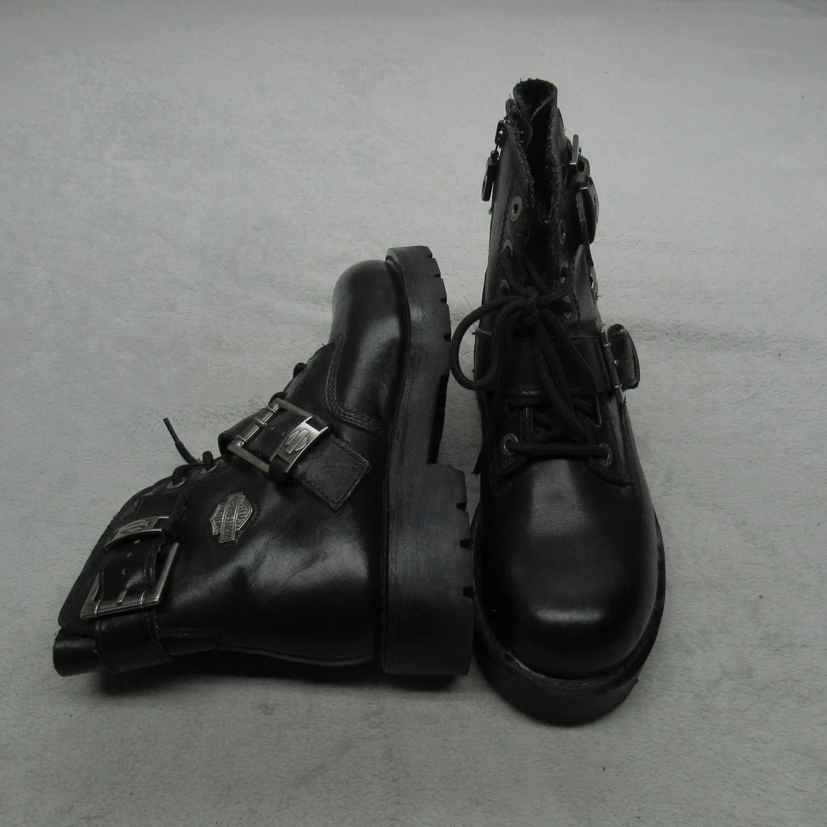 Harley Davidson Men 7.5 Moto Boots Black Leather Buckle Side Zip