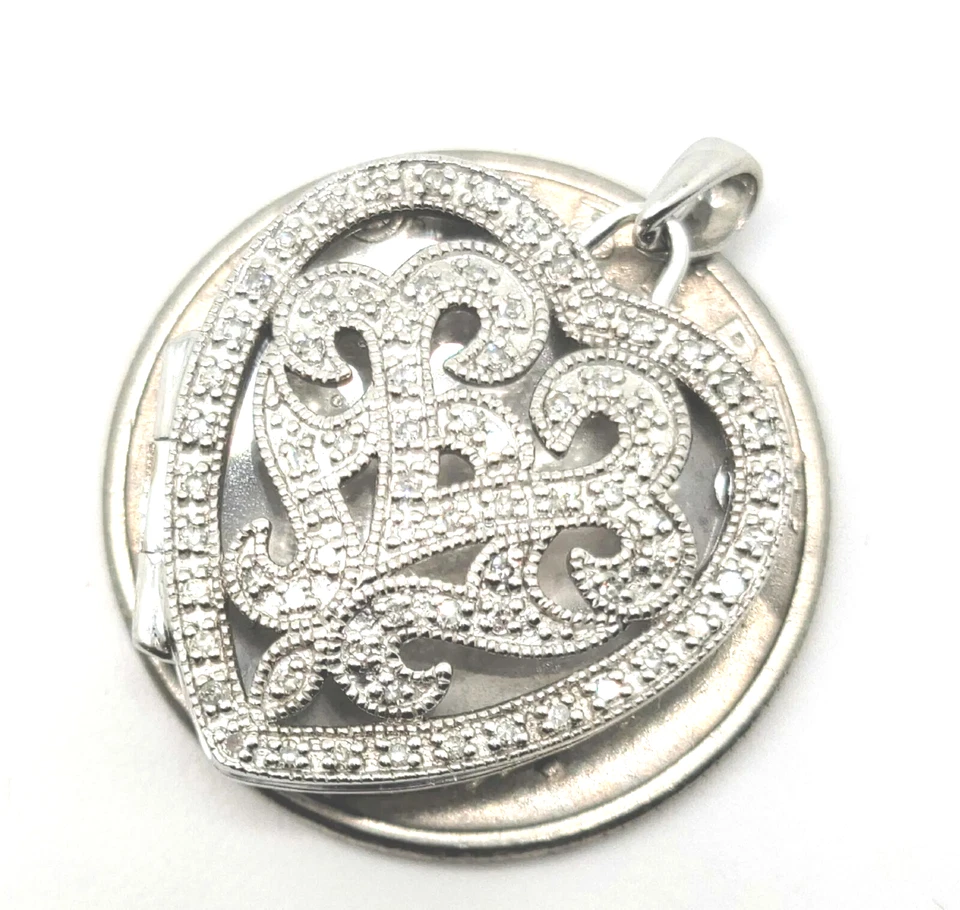 Marca Sólido Real Oro Blanco 10k NAT Genuino Diamante Medallón Corazón Cuadro Colgante Foto 2 de 4