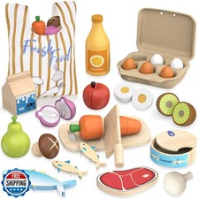 Wooden Play Food Toys for Kids - Pretend Play Kitchen Accessories Toy Set for