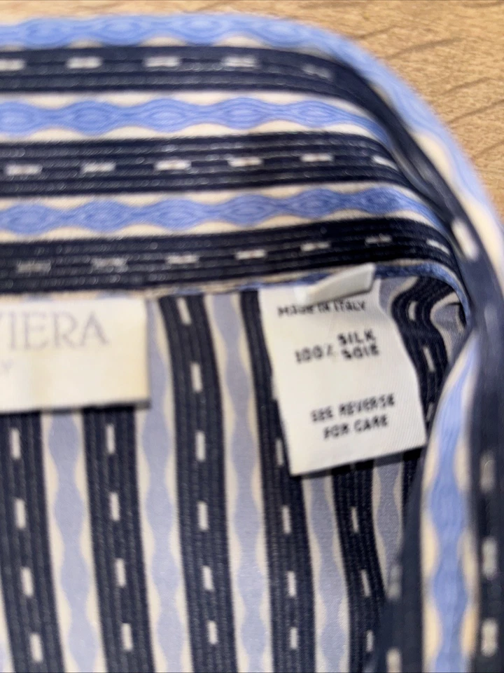 Camisa Gianni Viera Hecha en Italia 100% Seda Azul Dorado Rayas Talla L (84) Foto 4 de 4