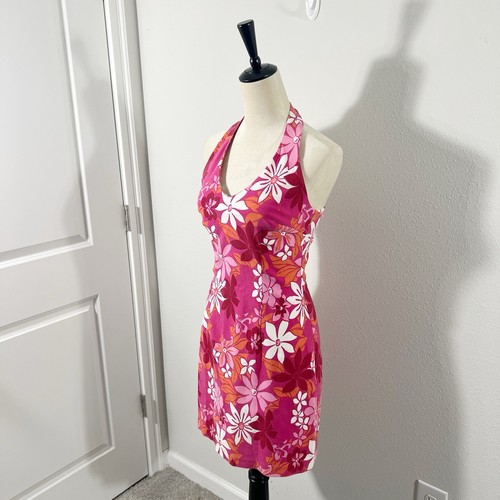 90s Y2K Vintage Halter Mini Dress Pink Floral Hawaiian Tropical Barbie Size 7/8 - Picture 4 of 10