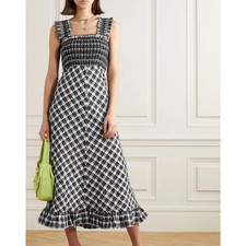 Ganni Seersucker Checked Shirred Smocked Ruffled Cotton Blend Midi Dress Revolve