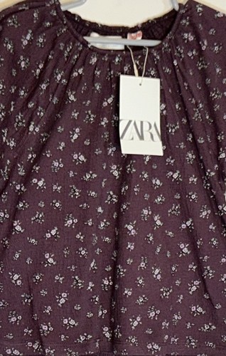 Zara Little Girl Sz 6 Top Long Sleeve Burgundy/Pink Flowers Elastic Neck/Cuffs - Picture 4 of 10