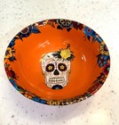 Williams Sonoma Orange and Teal Blue Ceramic Day Of The Dead Skull Bowl