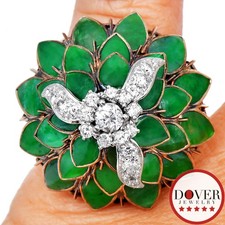 Estate 1.00ct Diamond Jade 10K Gold Floral Dome Cocktail Ring 12.6 Grams NR
