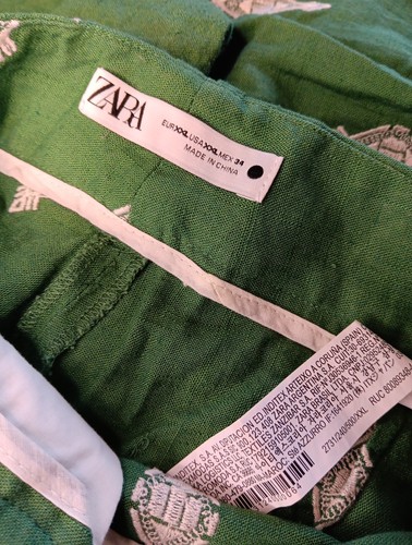 Zara Embroidered Boho Pants Womens XXL Linen Blend Wide Leg Green Zip Beachy - Picture 7 of 10