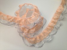 Peach and Silver Double Ruffled Scalloped Lace Trim, 2 Tier Lace, 2 YARDS