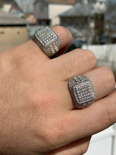 Men's Real Solid 925 Silver Ring Real Simulated Diamonds Square Cluster Hip Hop - Picture 4 of 12