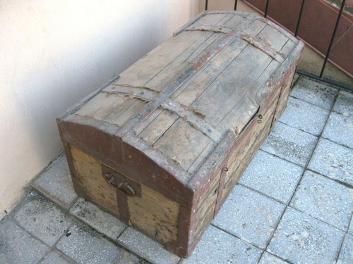 ANTICO BAULE CASSA MILITARE IN LEGNO METALLO E TELA COPERCHIO RICURVO - Foto 3 di 13