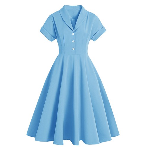 Lady Vintage Lapel V Neck Swing Dress Button Down Retro Pleated 1950s Party - Picture 3 of 12
