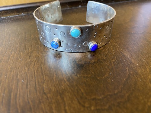 Multi Stone Lapis Cuff Bracelet ~ Inscribed inside ~ Silvertone Cuff - Picture 2 of 9