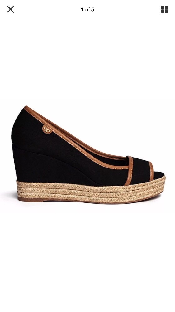 NEW TORY TORY TORY BURCH 9 Majorca Peep Toe Black Tan gold Logo Espadrille Wedge Sandal 309c93 NEW TORY TORY TORY BURCH 9 Majorca Peep Toe Black Tan gold Logo Espadrille Wedge Sandal 309c93