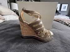 NIB JIMMY CHOO GOLD STRAPPY CORK WEDGE PLATFORM SANDALS SZ 36.5