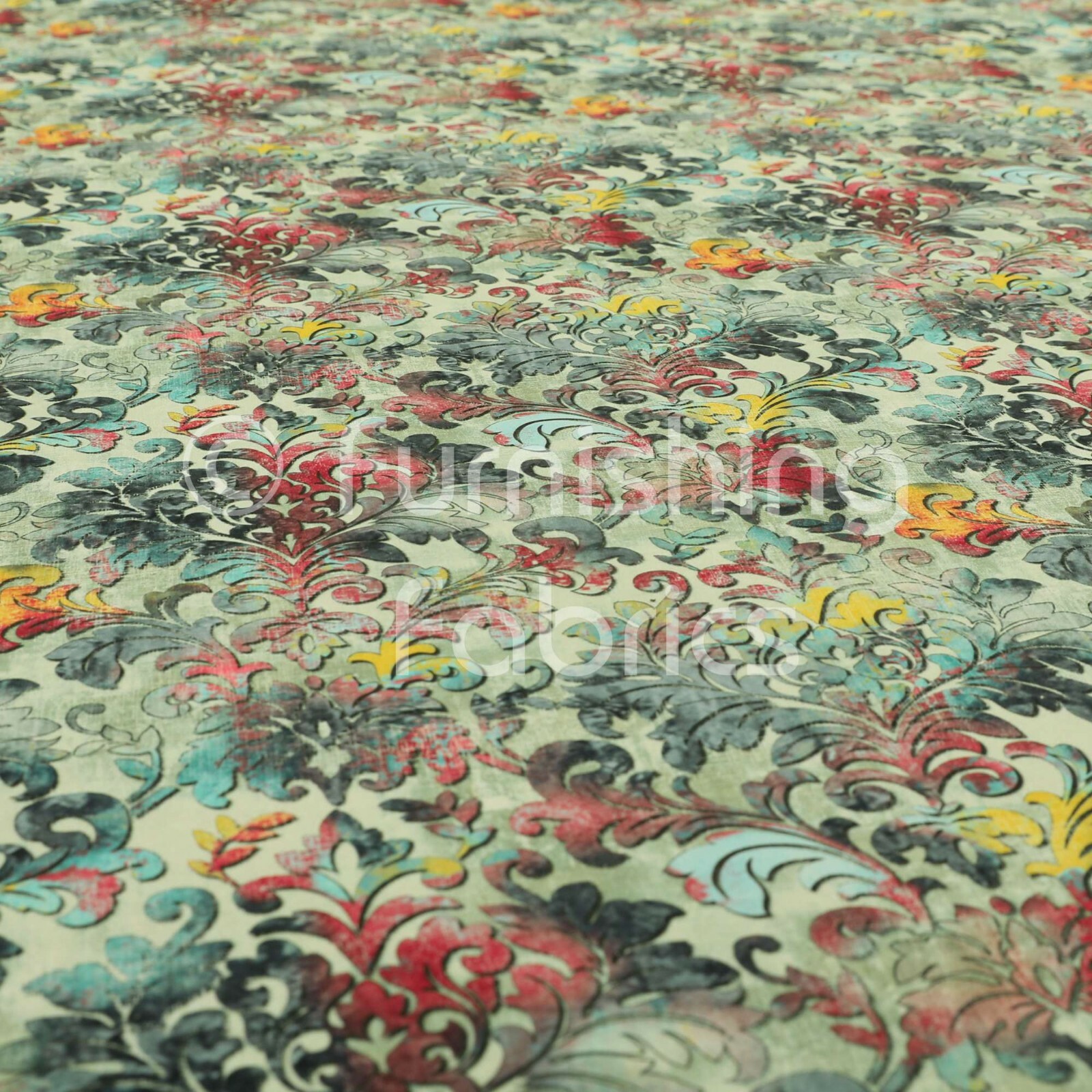 Modern Printed Velvet Floral Blue Damask Multi Colour Pattern Upholstery Fabric - Picture 3 of 5