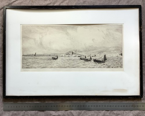Signed William Lionel Wyllie drypoint etching fishing boats off coast - Picture 15 of 16