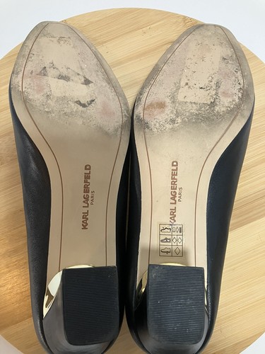 KARL LAGERFELD PARIS Women's Agatha Black Leather Flare Gold Heel Pumps SZ 10 M - Picture 12 of 13