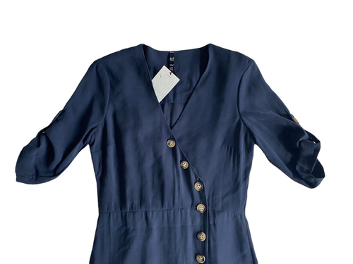 Zara Trf Navy Blue Midi Dress Small NWT Tie Waist Tab Sleeve Long Shirt dress - Picture 5 of 9
