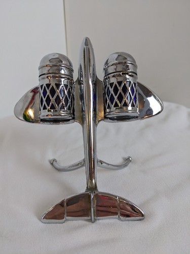 Vintage 1950er Jahre Chrom Jet Flugzeug Cruet Set Salz Pfeffer Shaker silber blau - Bild 7 von 20