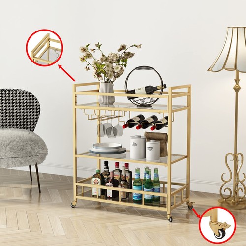 Bar Cart Gold With Bottle Storage And Wine Glass Rolling Serving Bar Cart On Whe - Picture 6 of 7