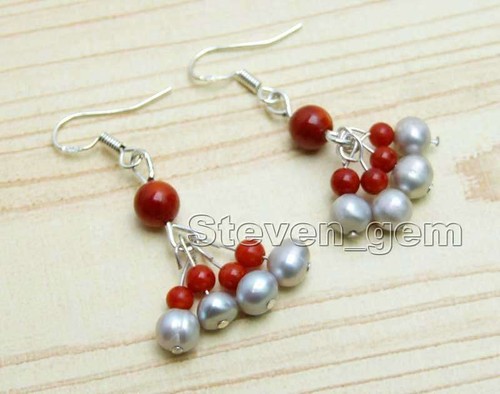 Pendientes de coral colgantes redondos grises de 5-6 mm para mujer con pendientes colgantes rosa - Imagen 16 de 32