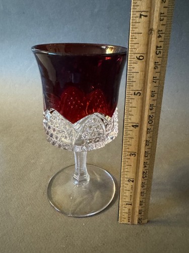 EAPG RUBY STAINED M.B. 1913 ETCHED ANTIQUE STEMMED WINE GLASS WATER GOBLET - Picture 2 of 5