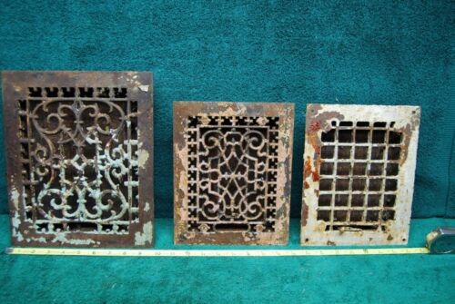 3pcs antique architectural salvage Ornate Cast Iron heat registers vents!