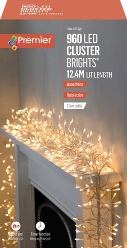 Premier 960 LED Cluster Multi-Action Christmas Tree Light Clear Cable WARM WHITE - Picture 1 of 2